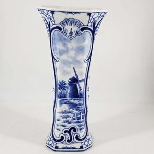 Antique Vintage Signed Delfts Blue White Hand Painted Windmill Shell Vase